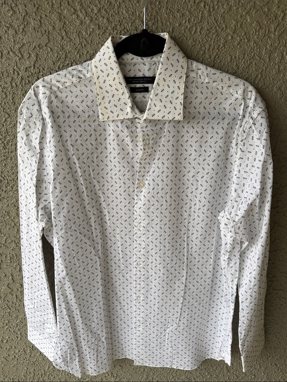 John Varvatos White Dress Shirt with Small Navy Motif
